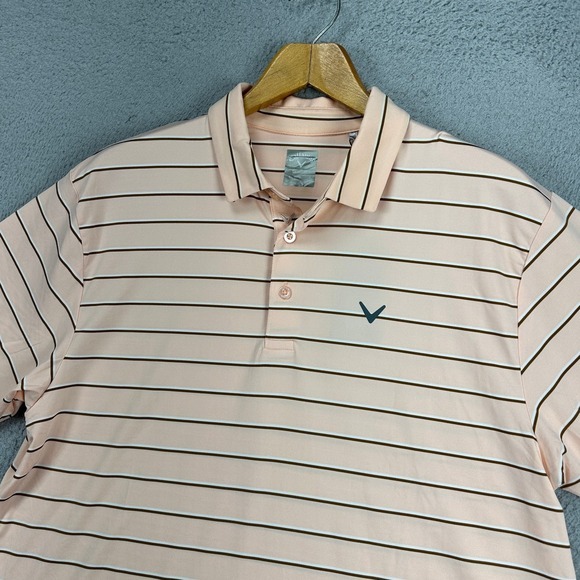 Callaway Opti-Dri Golf Polo Shirt Men Large Pink Brown Stripe Athletic Rugby NEW - Picture 1 of 10